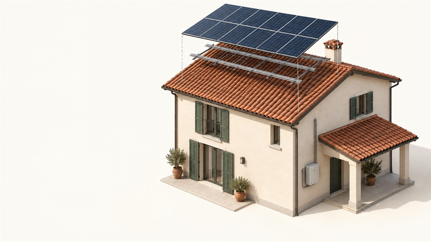 Casa illustrata con pannelli e struttura del tetto separati per mostrare i componenti